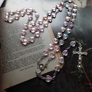 Elegant Pink Heart Rosary Necklace, Cross Necklace Rosary